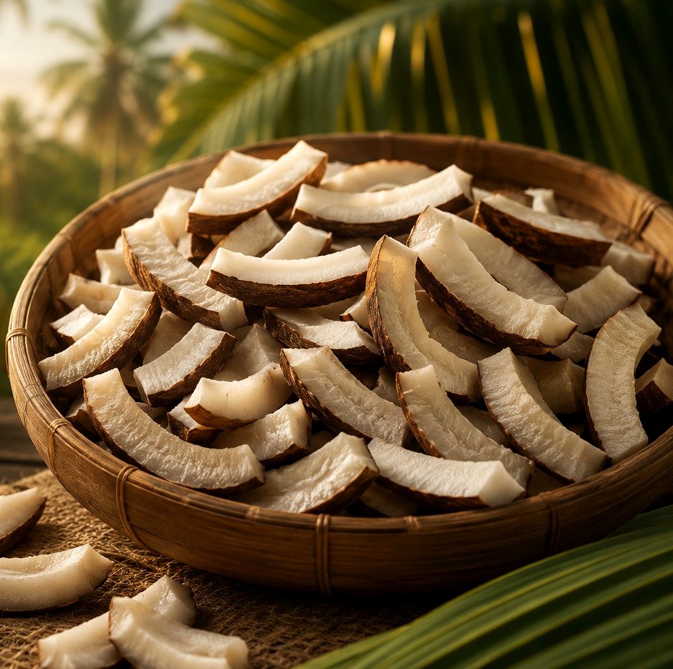 Premium Indonesian copra in a woven basket